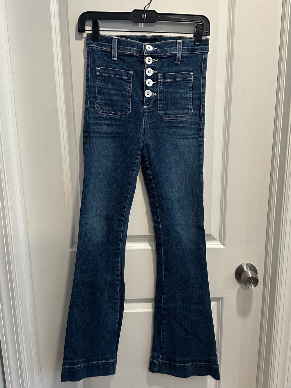 Ramy Brook Cindy Jeans Dark Wash with white buttons high-Rise Flared EUC